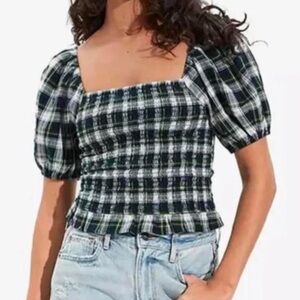 AMERICAN EAGLE Plaid  Cropped Puff Sleeve Top